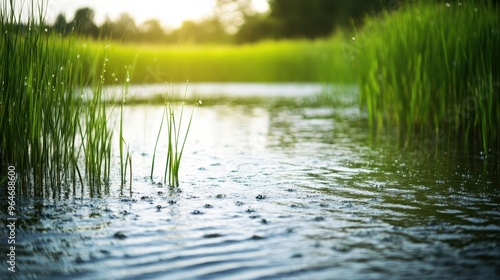 Serene landscape featuring calm water reflecting grass and gentle sunlight, creating a peaceful natural environment.