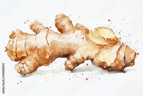 Watercolor painting representing a ginger root on white background, an illustration ideal for health and food topics photo