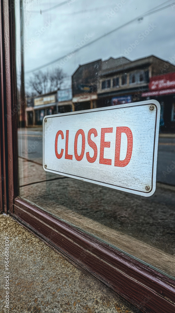Obraz premium Closed sign hanging on a glass door of a shop with street reflection in the background