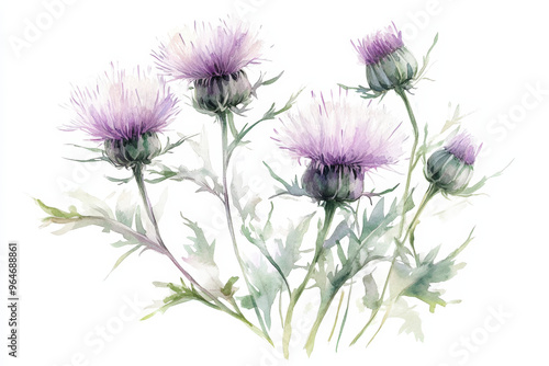 Watercolor painting showcasing the delicate beauty of milk thistle, a plant known for its medicinal properties photo