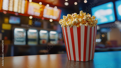 Bucket Of Popcorn On The Counter At A Movie Theater