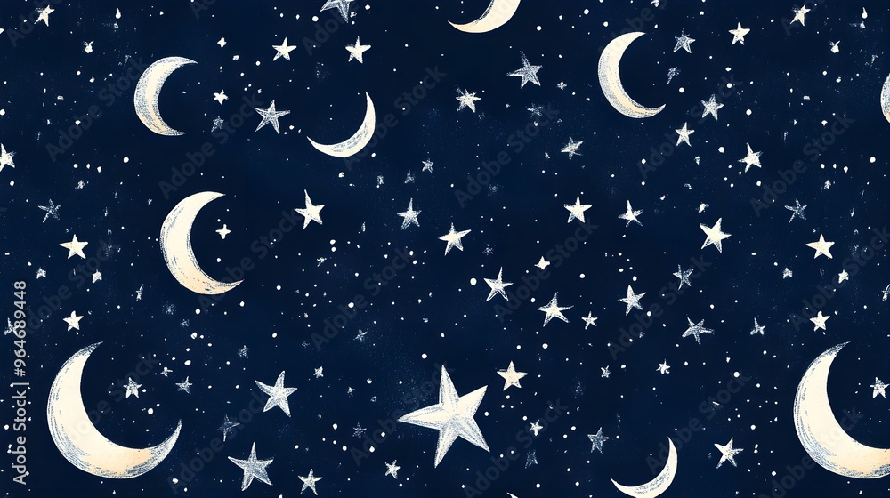 Hand Drawn Night Sky Pattern with Moon and Stars Hand Drawn Night Sky Pattern with Moon and Stars