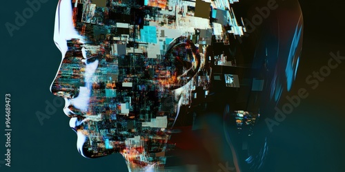 A digital representation of a human face merging with abstract technology patterns