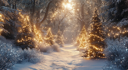 Fotobehang Cappuccinokleur Magical Snowy Forest Path with Glowing Lights at Sunset  © Adisorn