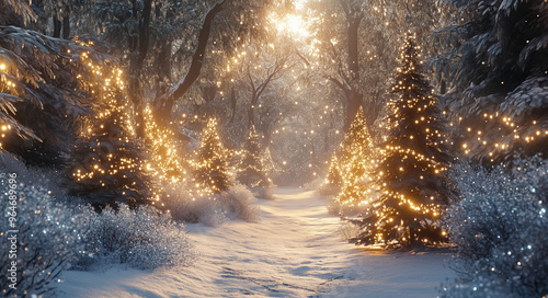 Magical Snowy Forest Path with Glowing Lights at Sunset