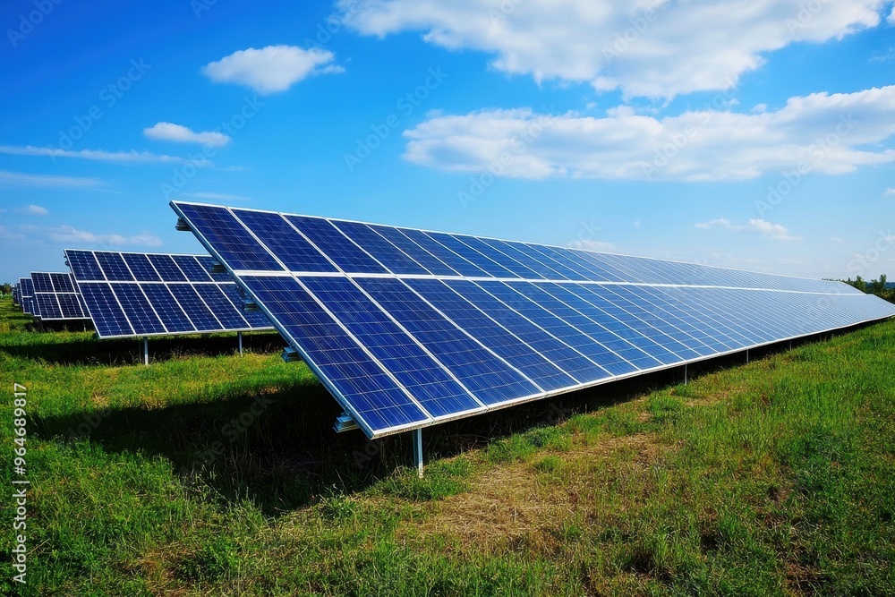 Vast solar panel field under a bright blue sky, showcasing renewable energy technology and sustainable energy production. Vast solar panel field under a bright blue sky, showcasing renewable energy technology and sustainable energy production.
