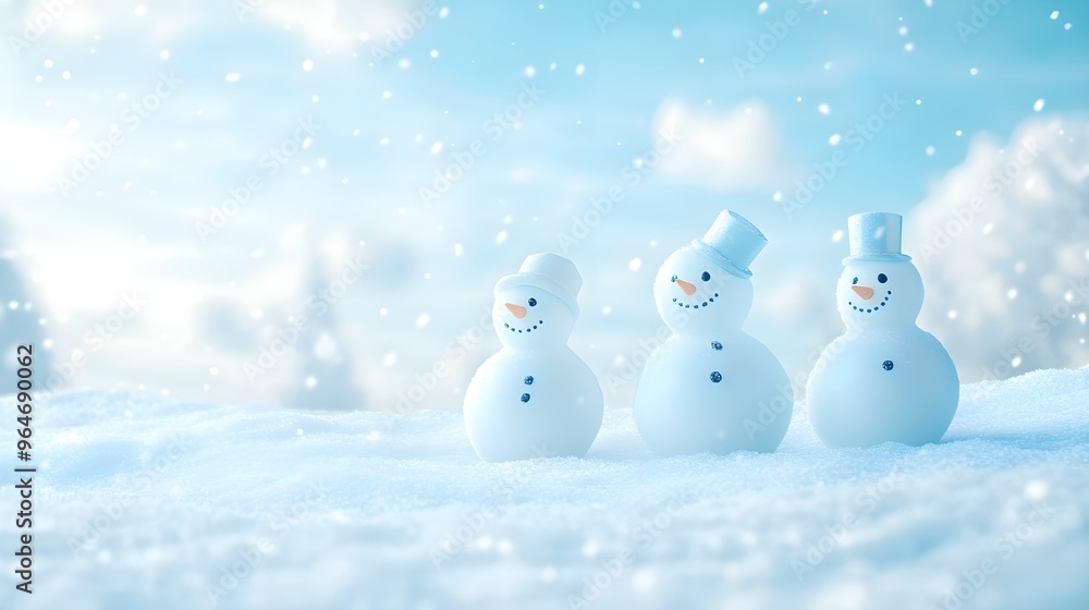 Three Snowmen in Winter Wonderland with Snow Falling Three Snowmen in Winter Wonderland with Snow Falling
