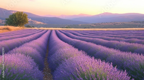 Vast lavender fields in full bloom under a soft pastel sunset in Provence, France