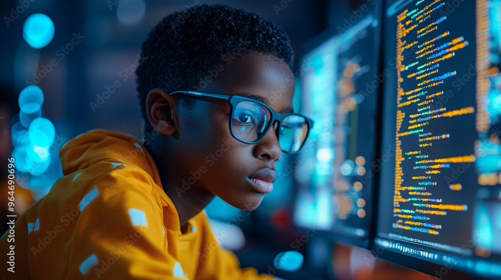 A young black man wearing glasses is looking at a computer screen with a lot of A young black man wearing glasses is looking at a computer screen with a lot of