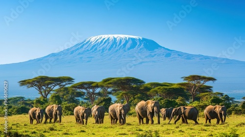 A herd of elephants walking across the African plains with Mount Kilimanjaro in the background under a clear sky