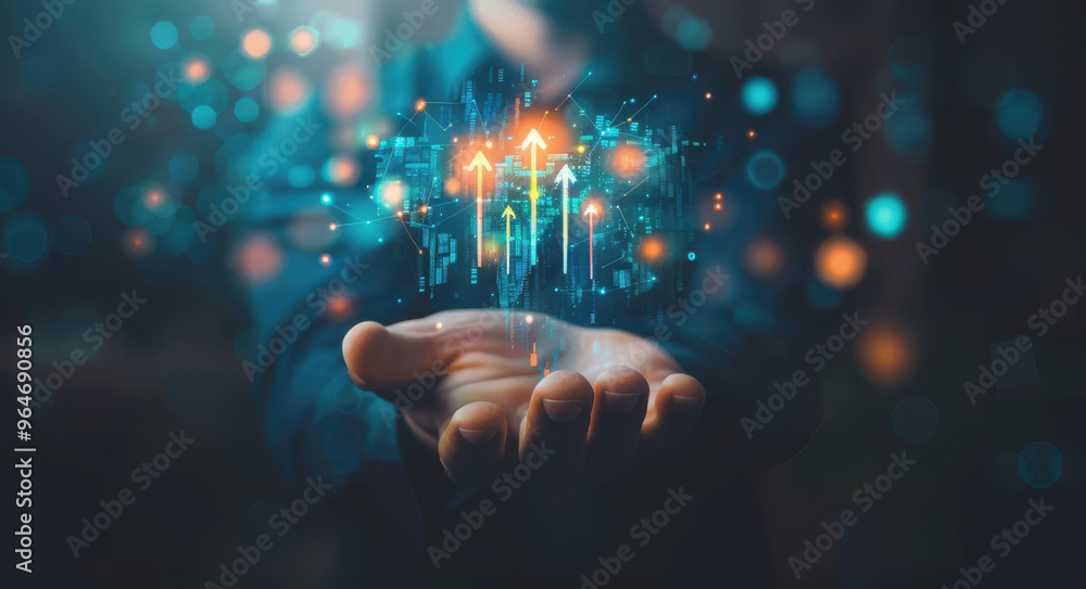 Businessman holding hand with rising arrow and digital graphic icon of growth, packed arrows in virtual screen over black background for business petering up concept. Businessman holding hand with rising arrow and digital graphic icon of growth, packed arrows in virtual screen over black background for business petering up concept.