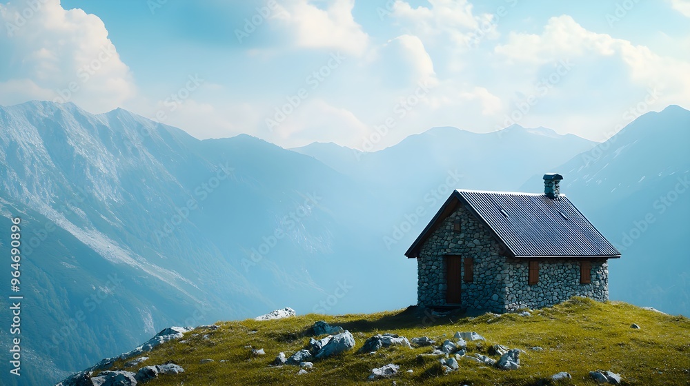 Stone Cabin on Mountain Peak with Blue Sky and Clouds Stone Cabin on Mountain Peak with Blue Sky and Clouds