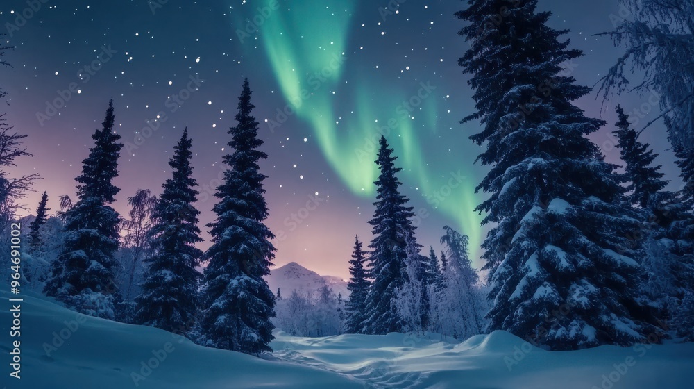 Snowy pine trees in a winter wonderland landscape with the Northern Lights dancing in the night sky Snowy pine trees in a winter wonderland landscape with the Northern Lights dancing in the night sky