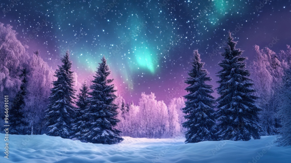 Snowy pine trees in a winter wonderland landscape with the Northern Lights dancing in the night sky Snowy pine trees in a winter wonderland landscape with the Northern Lights dancing in the night sky
