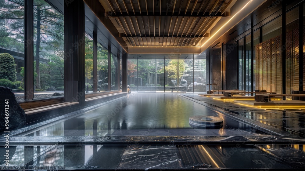 Serene indoor pool area with natural light and a view of a garden Serene indoor pool area with natural light and a view of a garden
