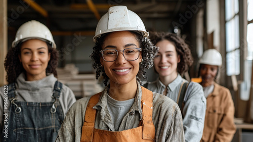 A group of women wearing hard hats and aprons are smiling for the camera