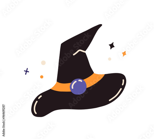 Halloween witch hat isolated on white background. Wizard magic autumn holiday hat. Vector flat hand drawn illustration
