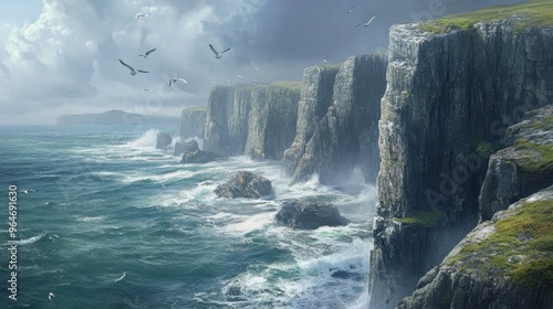 Dramatic cliffs along a rugged coastline, with waves crashing against the rocks and seabirds flying overhead