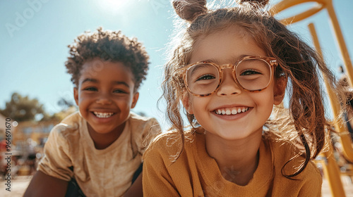 Two children are smiling and wearing glasses