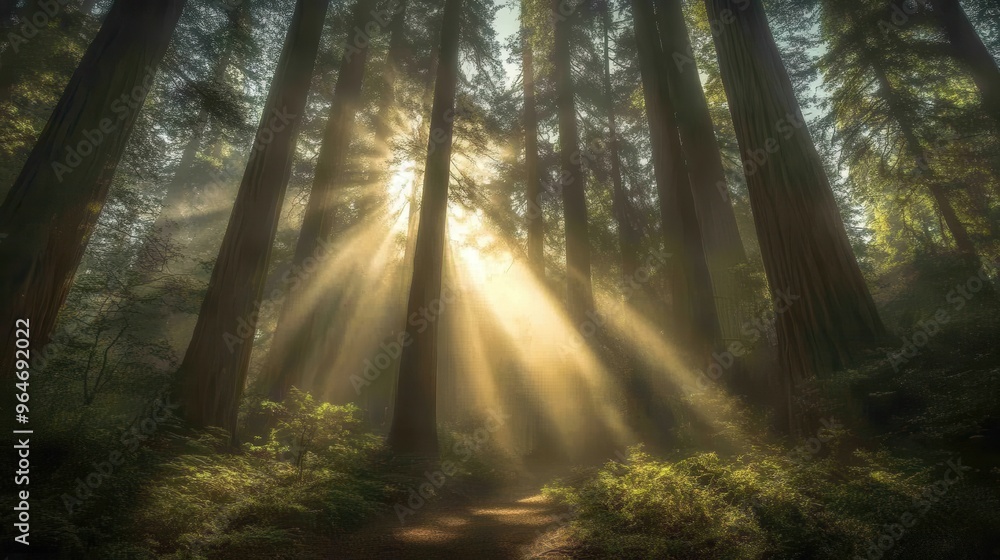 Obraz premium Towering redwoods in a misty forest, with beams of sunlight filtering through the fog and illuminating the forest floor