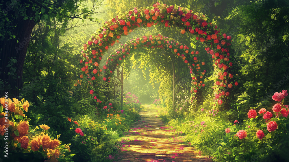 Fototapeta premium W malowniczym ogrodzie bajkowym, łuki kwiatowe i intensywna zieleń tworzą zachwycające, kolorowe krajobrazy.