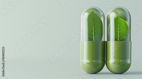 Green Leaves Inside Capsules: Natural Medicine Concept