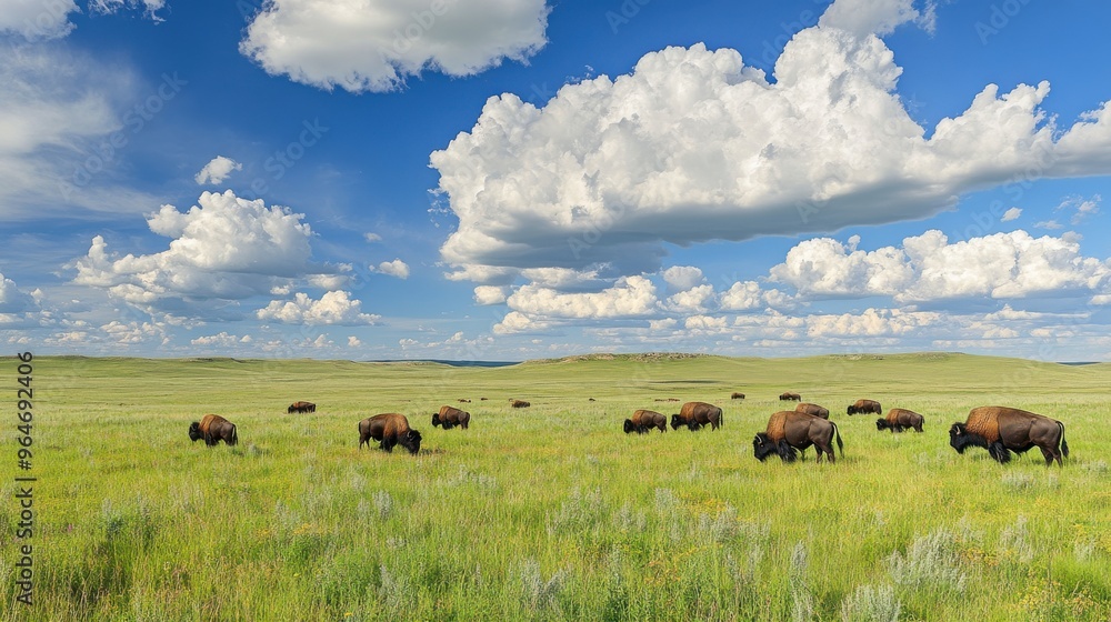 A vast prairie with bison grazing peacefully under a sky filled with billowing clouds A vast prairie with bison grazing peacefully under a sky filled with billowing clouds