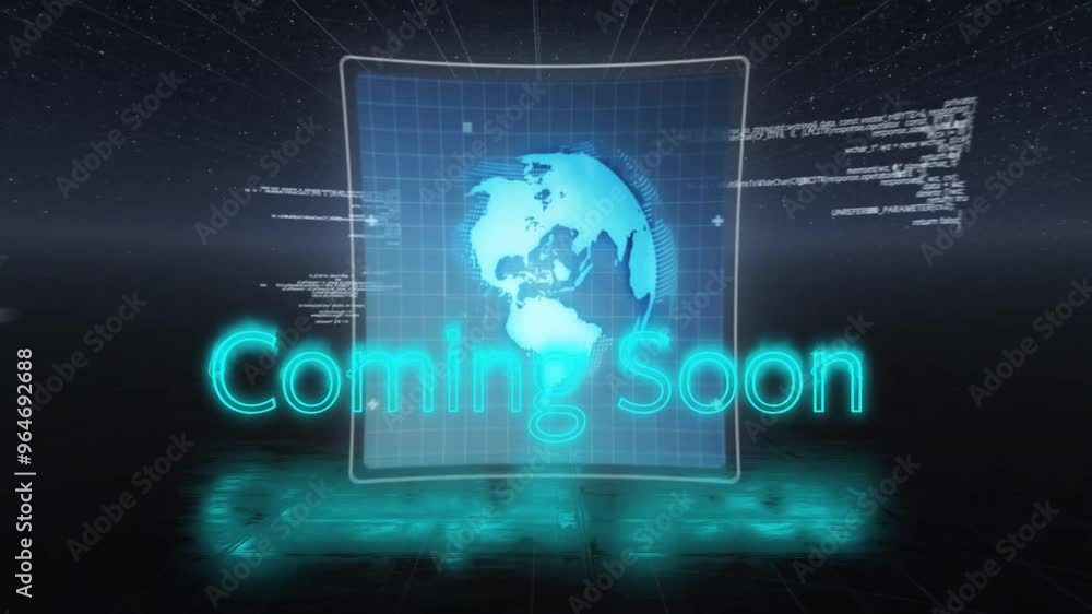 Animation of coming soon text over network of connections and globe on black background Animation of coming soon text over network of connections and globe on black background