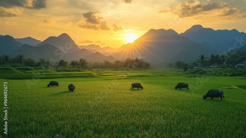 Lush green rice paddies with water buffalo grazing under a golden sunset, mountains in the background photo