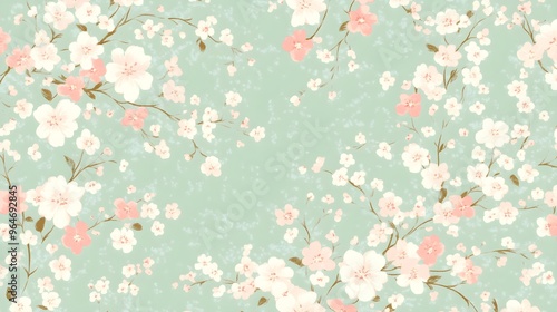 Fototapeta Naklejka Na Ścianę i Meble -  Watercolor Floral Pattern   Delicate Pink and White Flowers on Mint Green Background