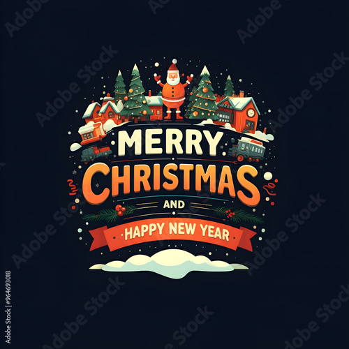 Merry Christmas and happy new year square trendy card with Santa Clause in a village, festive, greeting, winter holidays illustration, invitation, postcard, sticker design.