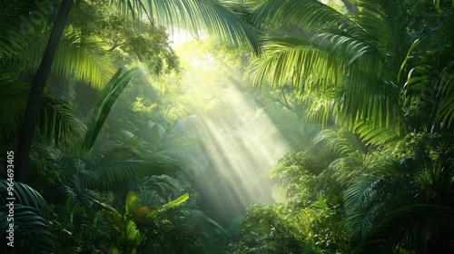 Serene tropical rainforest with mist rising between the trees, sunlight streaming through the dense foliage