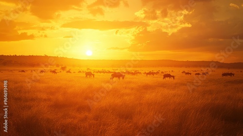 Golden sunset over a tranquil savanna, with a herd of antelope grazing peacefully in the warm light