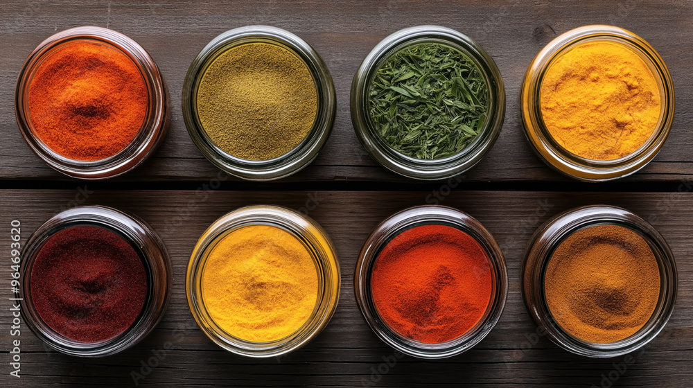 Top view of eight glass jars filled with different colorful spices and dried herbs, arranged on a wooden surface. The spices showcase various vibrant colors. Top view of eight glass jars filled with different colorful spices and dried herbs, arranged on a wooden surface. The spices showcase various vibrant colors.