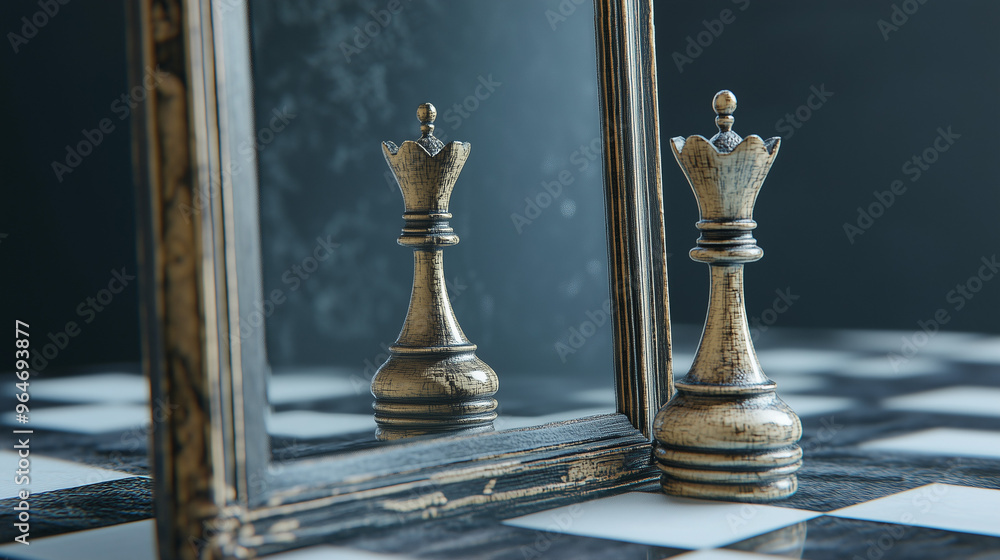 Fototapeta premium Trójwymiarowa scena ukazuje pionka szachowego spoglądającego na swoje odbicie w lustrze, które zmienia się w wizerunek króla. 