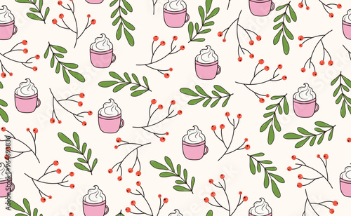 Funny Christmas seamless pattern in trendy Groovy Retro 70s cartoon character. Cute rowan branch, hot cocoa drink. Vector illustration.