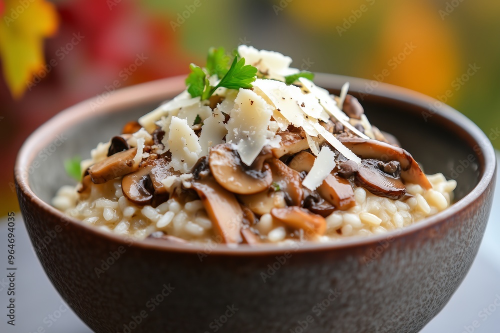 wild mushroom risotto topped with shaved parmesan and a drizzle of truffle oil, served in a rustic bowl wild mushroom risotto topped with shaved parmesan and a drizzle of truffle oil, served in a rustic bowl