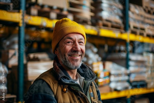 a man in a yellow hat smiles in a warehouse