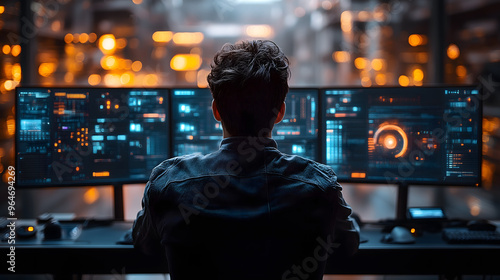 Hombre trabajando frente a  múltiples pantallas de datos en un entorno tecnológico