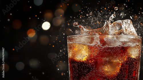 cola drink with ice on black background