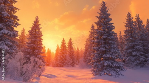 Wallpaper Mural Towering pine trees covered in snow, with a soft orange glow in the sky as the sun sets in the distance Torontodigital.ca