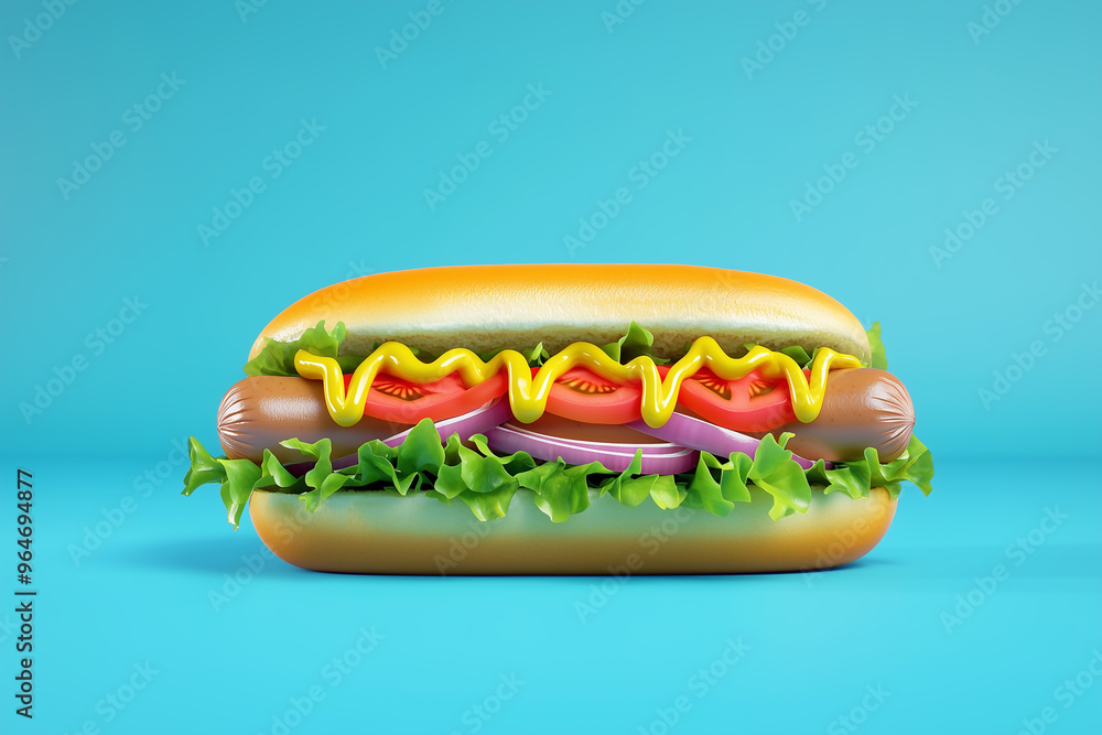Hot dog with lettuce and tomato on blue background. 3d rendering Hot dog with lettuce and tomato on blue background. 3d rendering