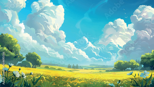 Field of Canola Under a Bright Blue Sky with Incredible Puffy Clouds Cartoon Landscape Illustration Vibrant Yellow Flowers Rolling Hills Sky with Clouds Rural Setting Scenic View