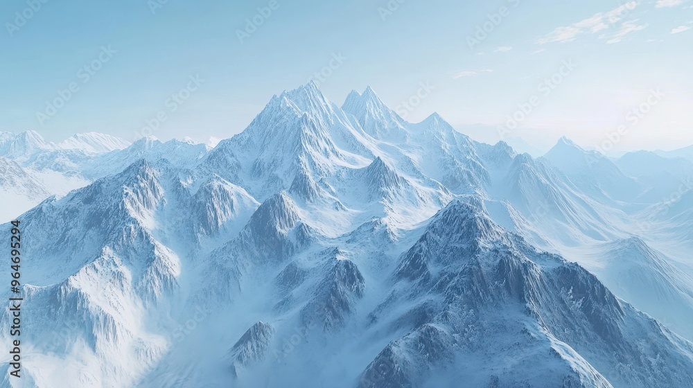 Aerial view of a rugged mountain range covered in snow, with dramatic peaks rising into a clear blue sky Aerial view of a rugged mountain range covered in snow, with dramatic peaks rising into a clear blue sky