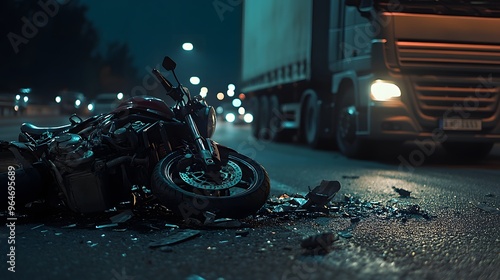 Close-Up of a Motorcycle Accident on Highway with Broken Parts Scattered. This Dramatic Scene Captures the Aftermath of the Crash with Emphasis on Destruction and the Vulnerability of the Moment