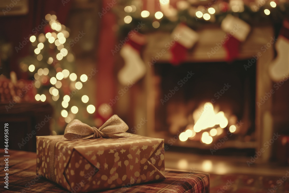 Wrapped christmas present with a bow is waiting to be opened on christmas morning in a cozy living room Wrapped christmas present with a bow is waiting to be opened on christmas morning in a cozy living room