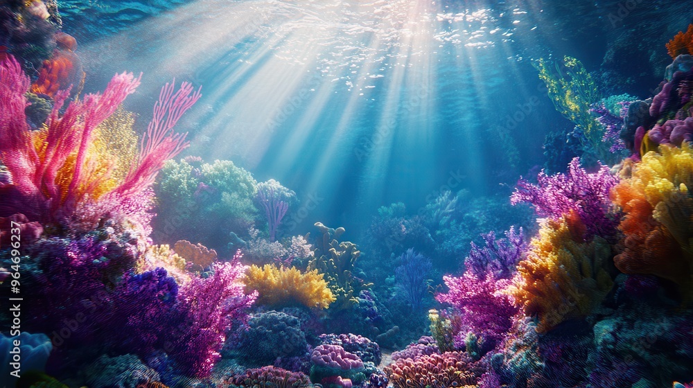 Close-up of a vibrant coral reef teeming with colorful marine life, with sunlight filtering through the crystal-clear water Close-up of a vibrant coral reef teeming with colorful marine life, with sunlight filtering through the crystal-clear water