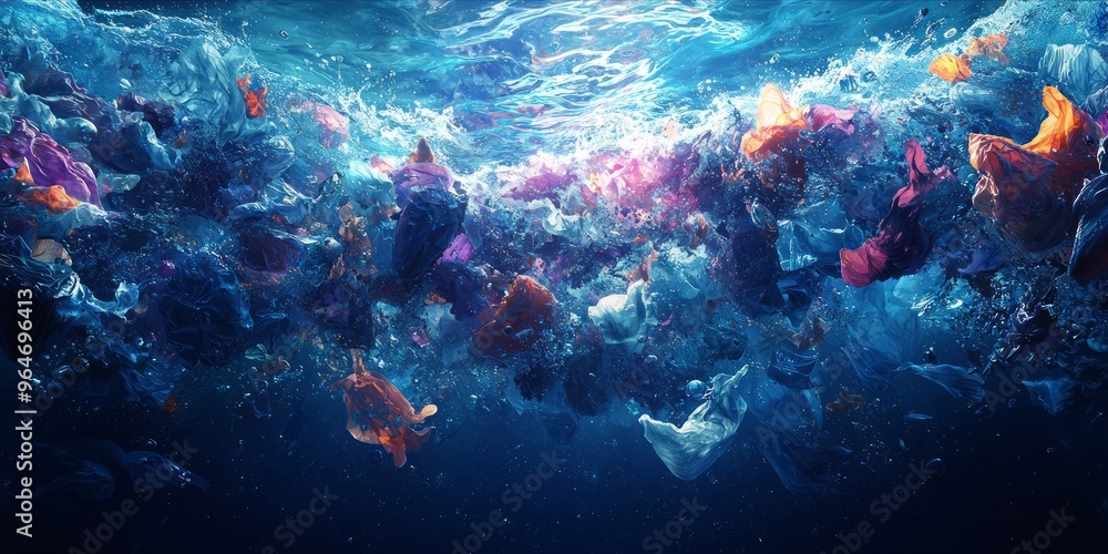 Fototapeta premium Vivid Underwater Dreamscape with Floating Fabrics in Abstract Art Style