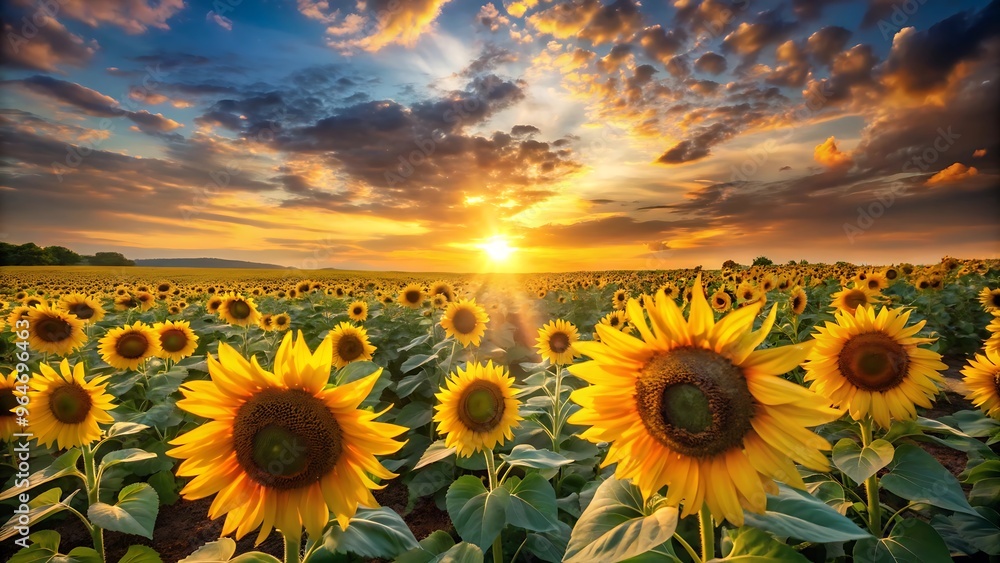 Fototapeta premium A depiction of a sunflower field at sunrise, featuring golden-yellow sunflowers stretching endlessly toward the horizon. The sky is a warm orange hue, with the sun just peeking over the horizon.