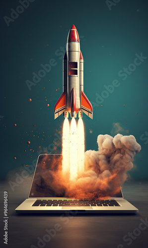 Wallpaper Mural generated illustration of space rocket shuttle with a cloud of smoke and blast takes off from a laptop. Torontodigital.ca